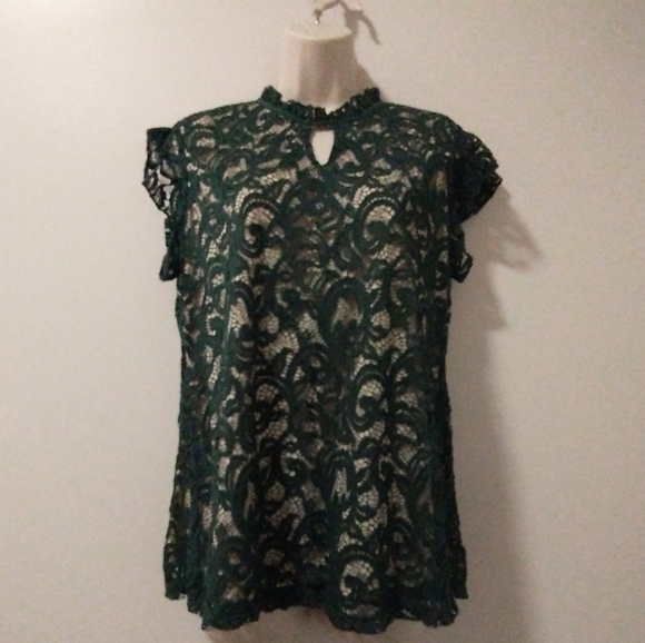 FREE SHIPPING! Large Sleeveless green lace over gold top by Per Seption Concept - Picture 1 of 8